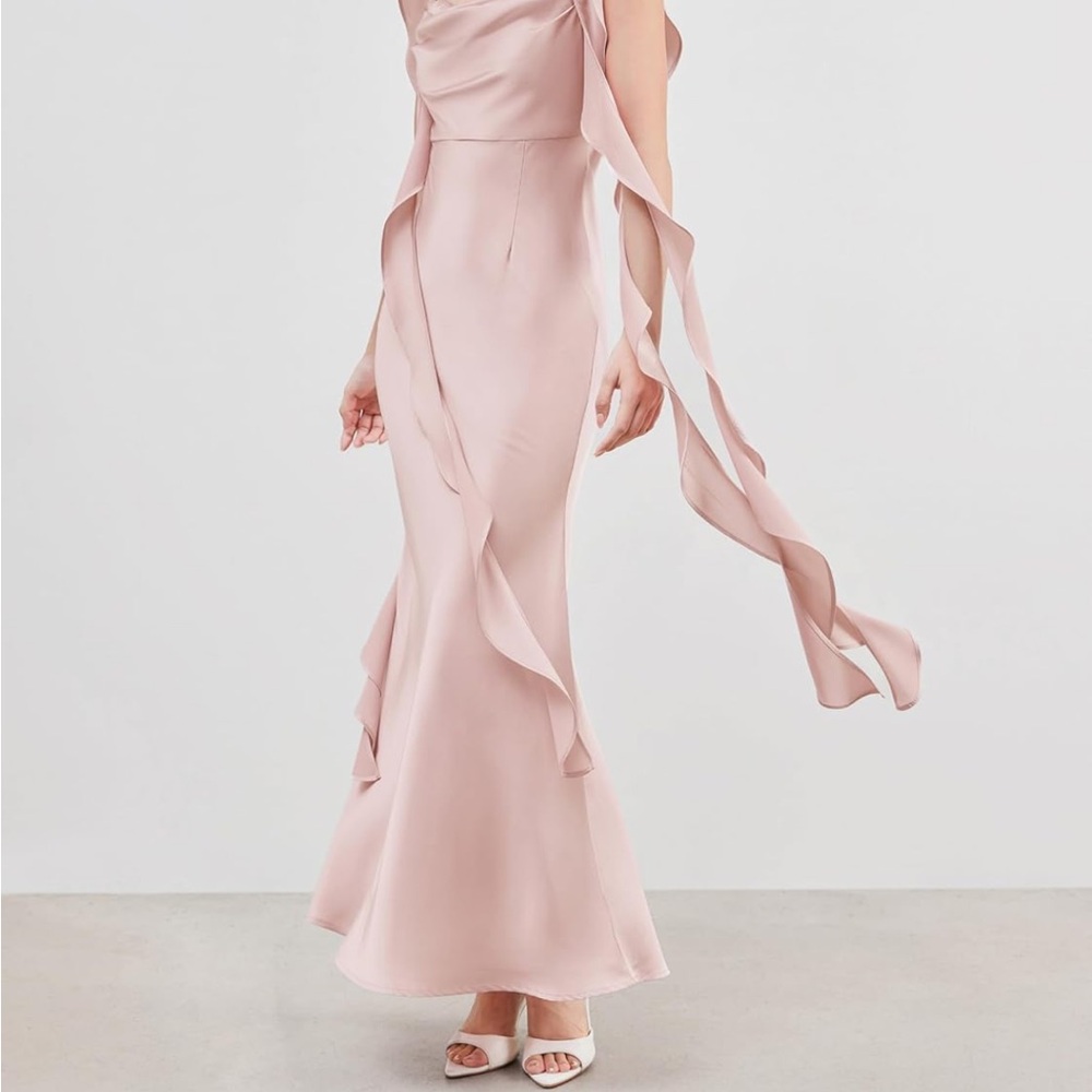 Cider light pink satin ruffle sleeve mermaid dress - Picture 5 of 5